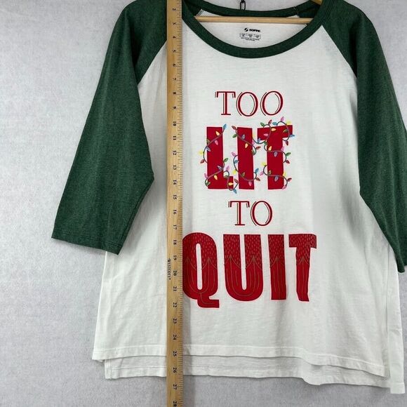 "TOO LIT TO‎ QUIT" Christmas Holiday Women's Baseball Tee Lights Novelty Size XL - Picture 4 of 6